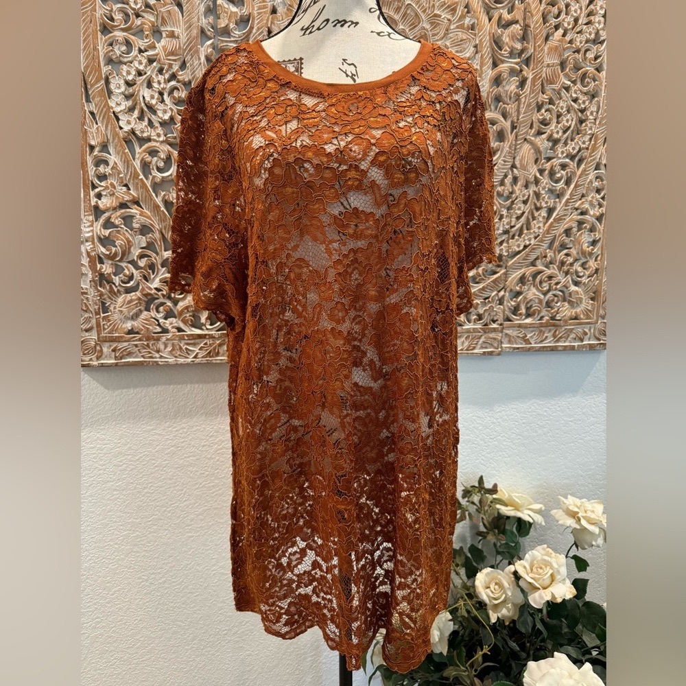 City Chic Copper Color Lace Overlay Boho Victorian Short Sleeve Top- size XL/22